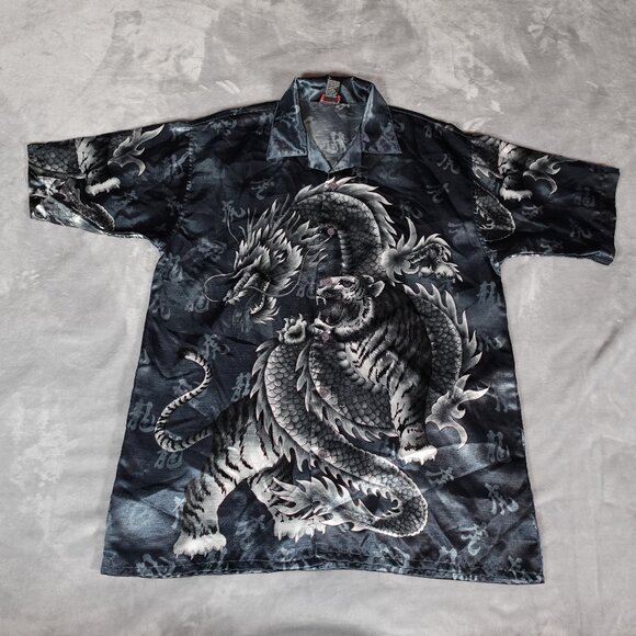 Vintage Solo Loco Fantasy Dragon Button Shirt Mens S (Fits M) Satin Blue Y2K - Picture 1 of 7